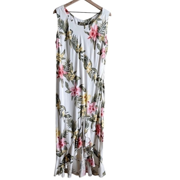 Vintage 80s Two Palms Tropical Floral Print Ruffle‎ Hem Sleeveless Midi Dress, L - Picture 1 of 8